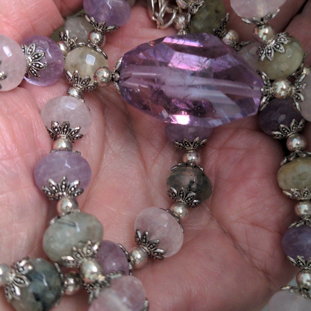 Genuine Gemstone Beaded Necklace, Amethyst Pendant, Silver, Handcrafted, New - Picture 5 of 9